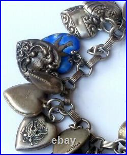 WOW Antique Pre-WWII Sterling Silver Puffy Heart 23 Charm Bracelet Enamel Navy
