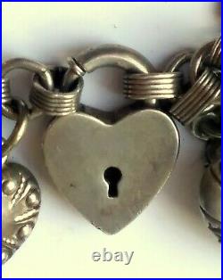 WOW Antique Pre-WWII Sterling Silver Puffy Heart 23 Charm Bracelet Enamel Navy