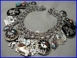 Wonderful Vintage Navajo Zuni Turquoise Mexican Sterling Silver Charm Bracelet